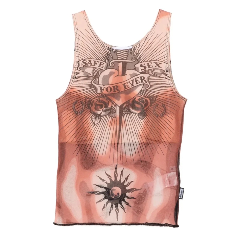 Jean Paul Gaultier Blouse Tattoo-Inspired Sheer Silk And Nylon Top Neutrals