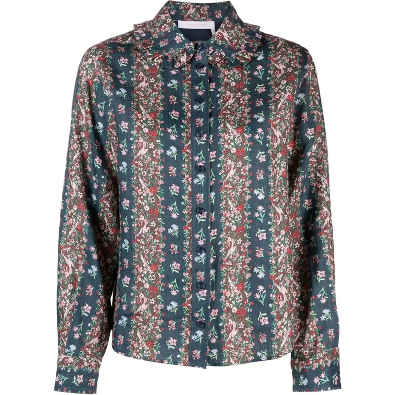 See By Chloé Blouse Floral Print Long Sleeve Shirt In Flax Linen Multicolor