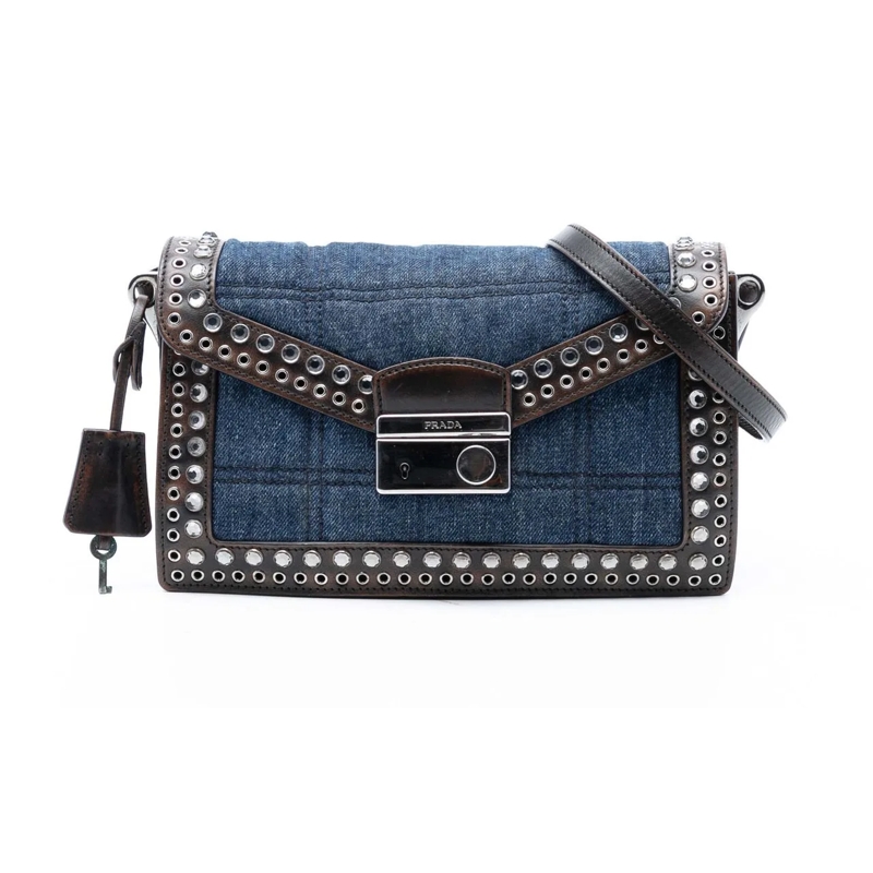 Prada Schultertasche Studded Denim Sound Lock Crossbody blau