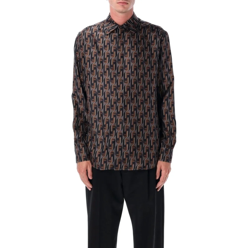Fendi Overhemd Brown Nity Printed Silk Shirt Black