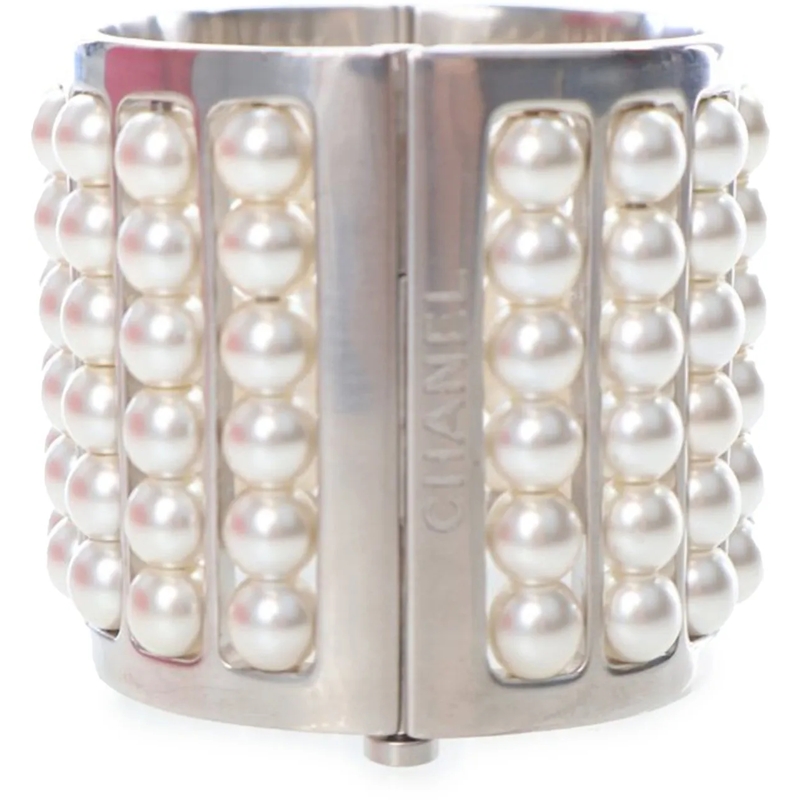Chanel Armband Silver Plated Wide Pearl Cuff Bracelet silber