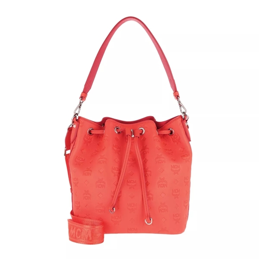 MCM Essential Leather Drawstring Bag Small Hot Coral Bucket Bag