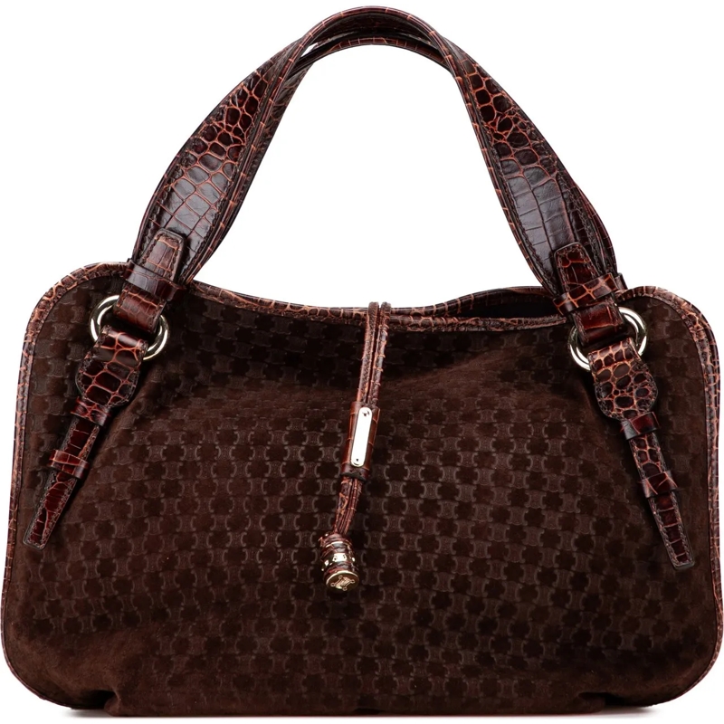 Celine Schultertasche Macadam Suede and Croc Embossed Leather Bitterswee braun