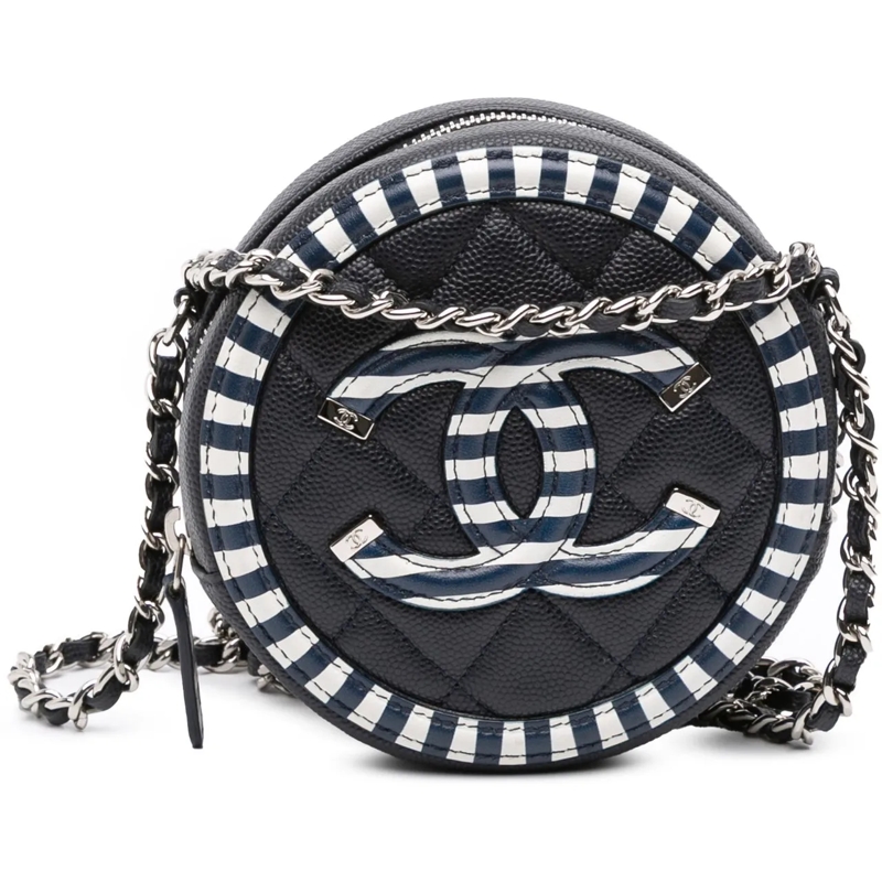 Chanel Schultertasche Caviar Striped CC Filigree Round Crossbody blau