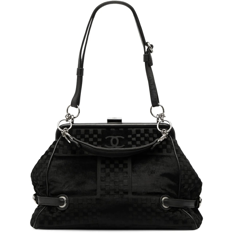 Chanel Sac à bandoulière CC Check Embossed Velvet Belted Side Frame Bag schwarz