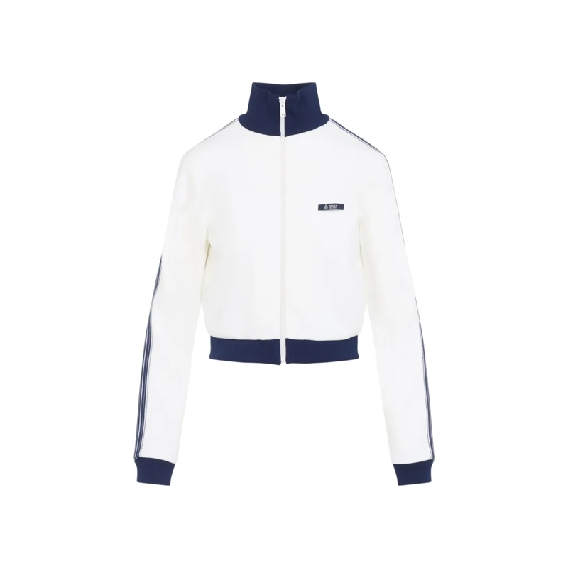 Prada Bomberjacke Cropped Polyester Jacket With High Ribbed Collar White