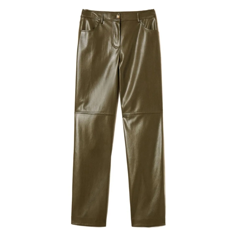 Twin-Set Pantalon en cuir Olive Green Faux Leather Panelled Trousers Green
