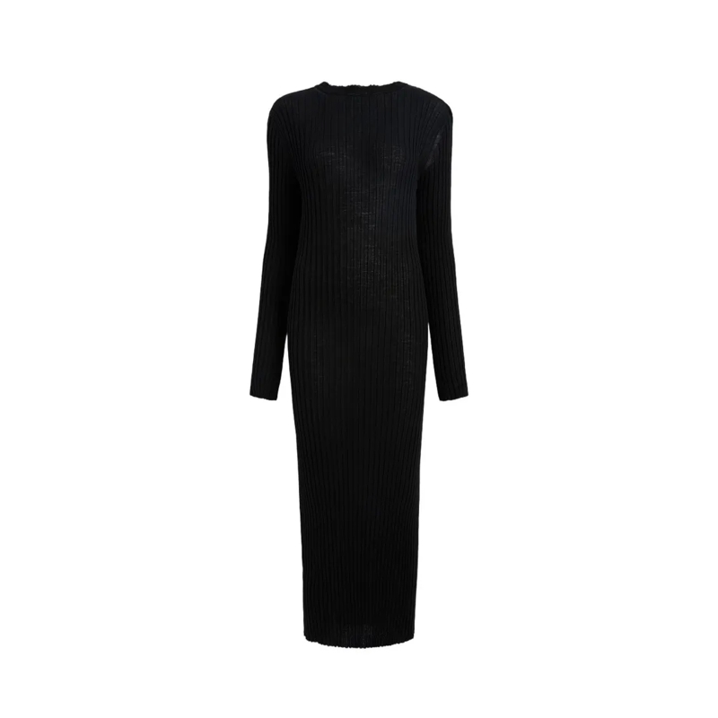 Khaite Midi-jurk Ribbed Knit Midi Dress With Scalloped Edges Black