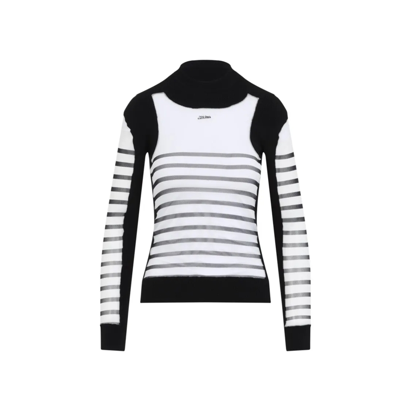 Jean Paul Gaultier Pullover Fitted Black Sweater With Striped Pattern And High White