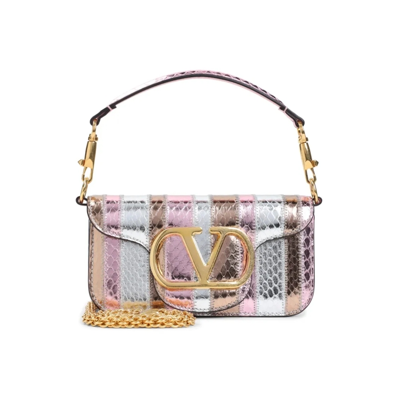 Valentino Garavani Sac à bandoulière Compact Snake Skin Shoulder Bag With Gold Emblem Brown