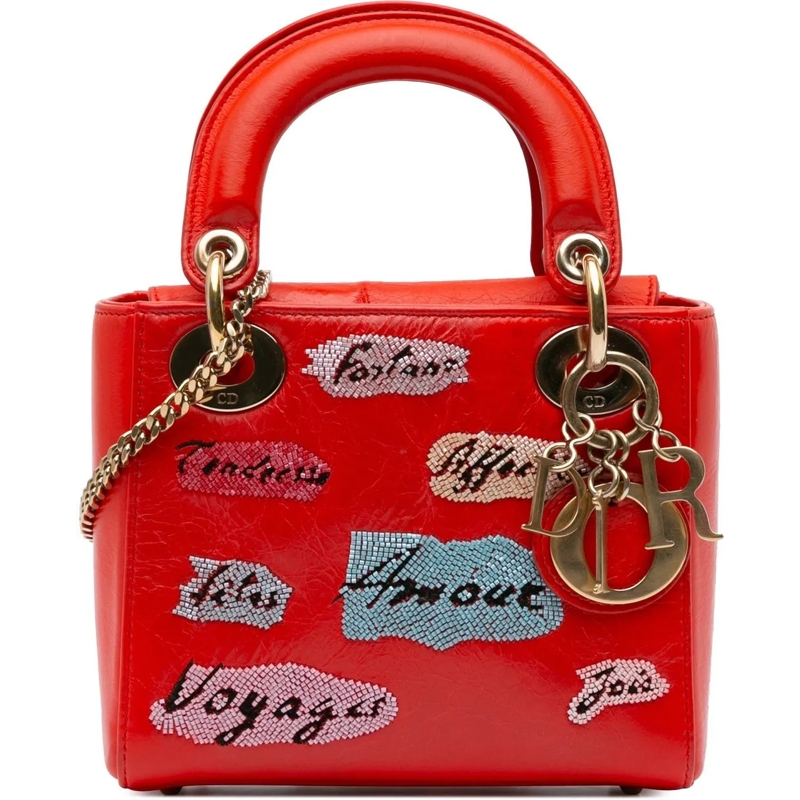 Christian Dior Tote Mini Calfskin Sequin Embellished Lady Dior rot