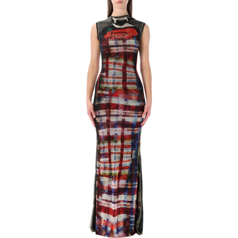 Ottolinger  Racing Plaid Mesh Long Dress Multicolor