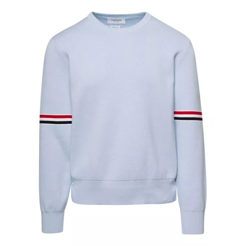 Thom Browne Light Blue Crewneck Sweater With Tricolor Band Det Blue 