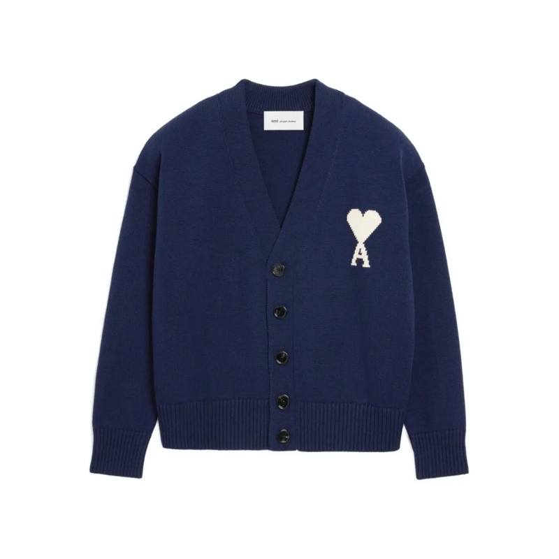 AMI Paris Vest Heart Motif V-Neck Cardigan Black