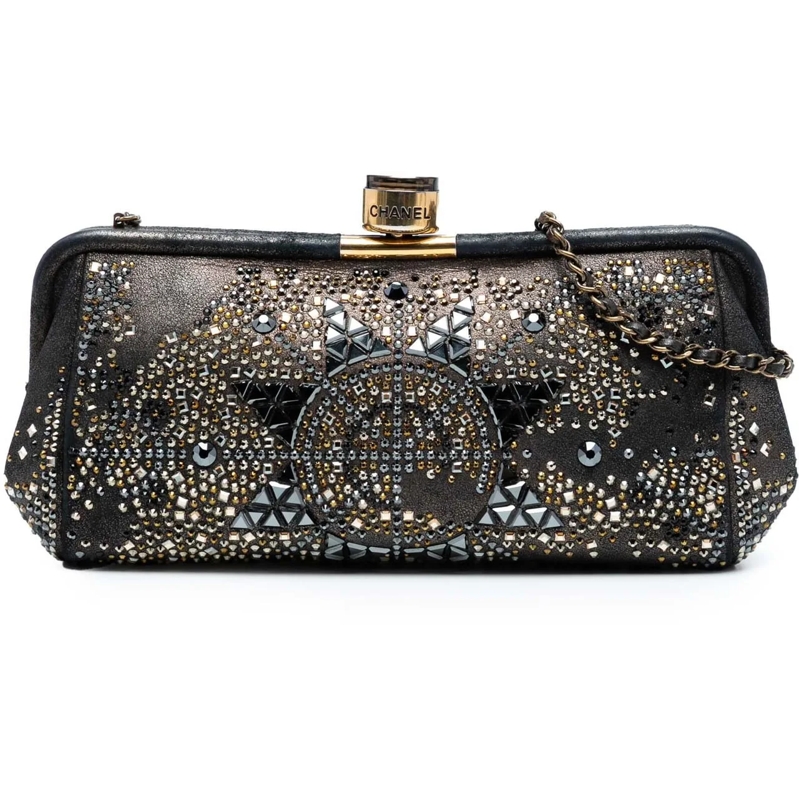 Chanel Sac à bandoulière CC Glitter Lambskin Studded Frame Clutch on Chain schwarz