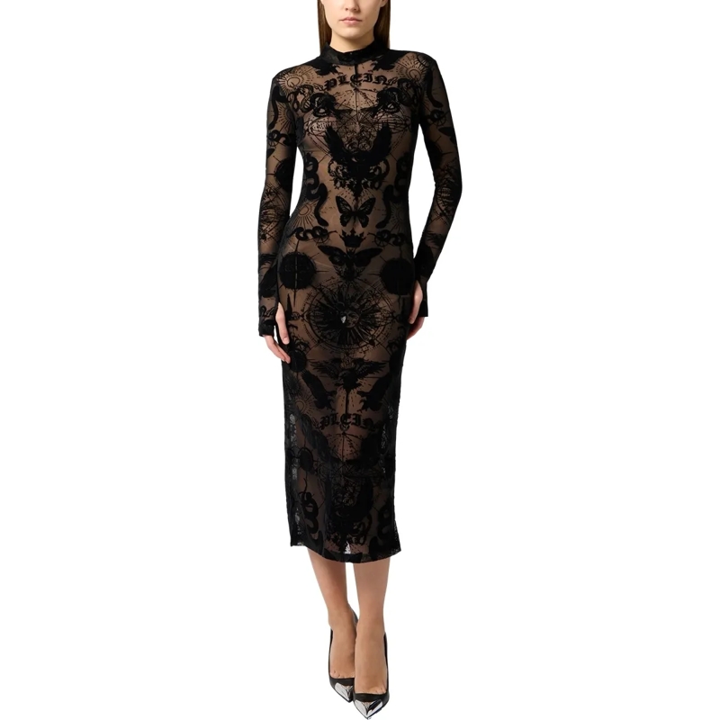 Philipp Plein Maxikleid Open Back Maxi Dress Flock Butterfly Tattoo schwarz(Image 4)