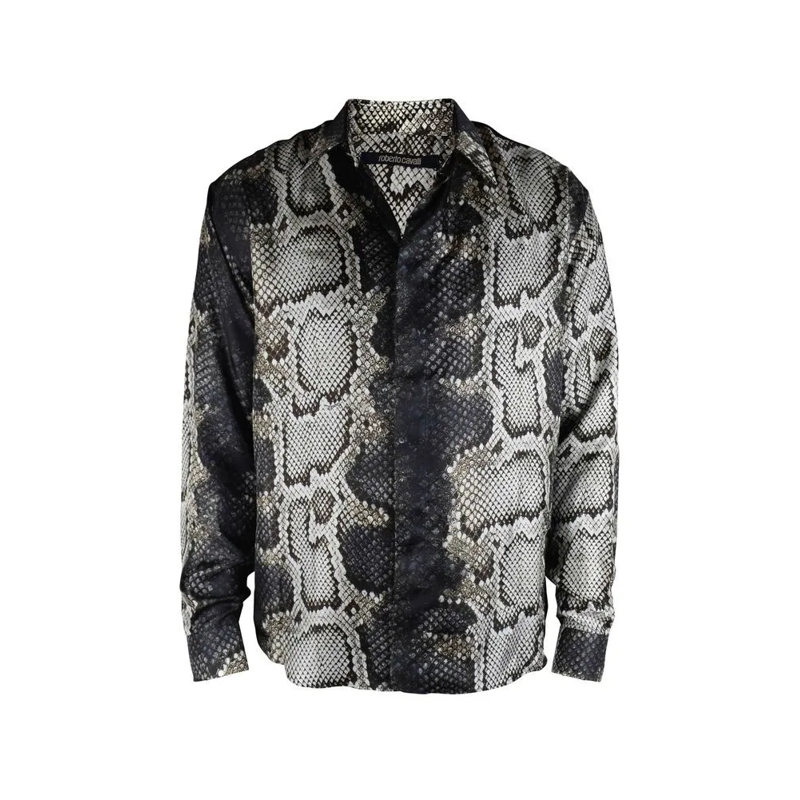 Roberto Cavalli Overhemd Python Print Silk Shirt With Classic Collar Grey