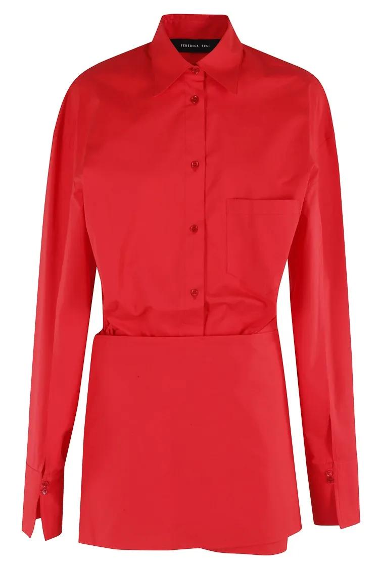 Thumbnail - Federica Tosi - Mini Cotton Pareo Dress With Classic Collar - Größe 42 - rot