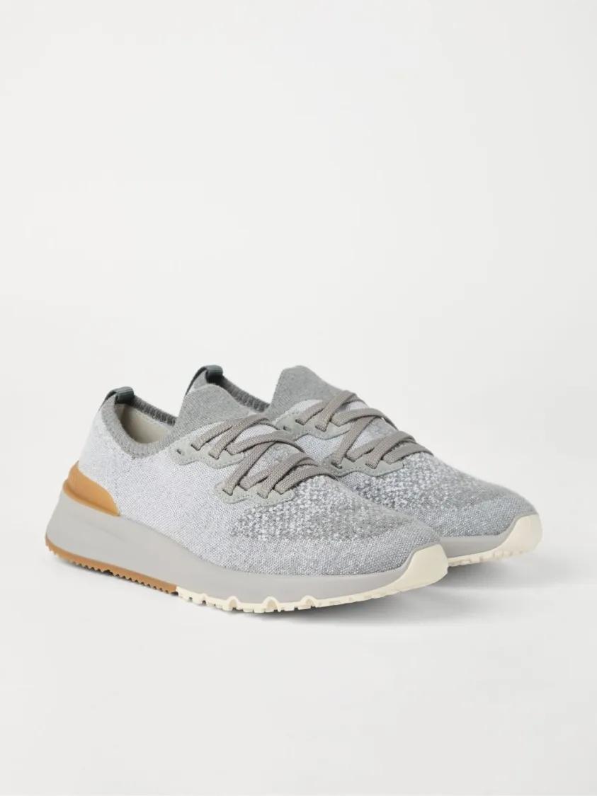 Thumbnail - Brunello Cucinelli Low-Top Sneaker - Knitted Grey Sneakers With Tan Heel Patch And Crea - Gr. 44 (EU) - in Weiß - für Da...