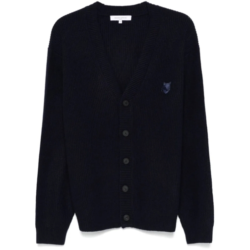 Maison Kitsune Vest Bold Fox Head Ribbed Cardigan Blue