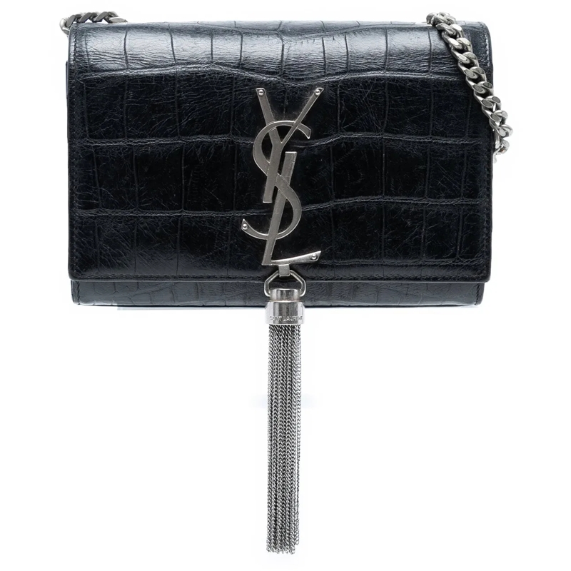 Saint Laurent Schultertasche Small Croc Embossed Leather Monogram Kate Tassel C schwarz