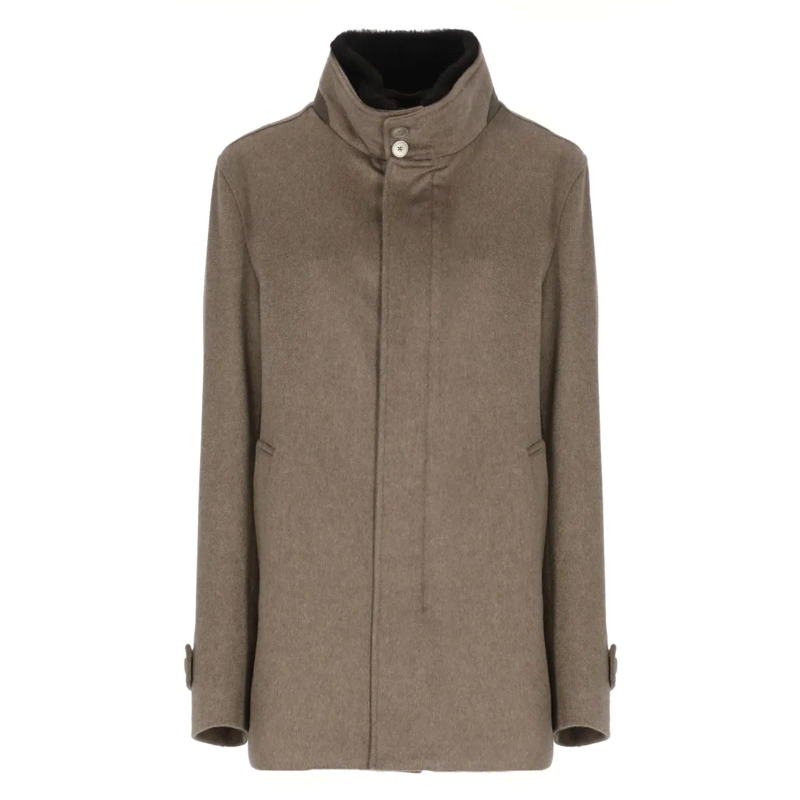Herno Parka Beige Cashmere Coat With Fur-Lined High Neck Brown