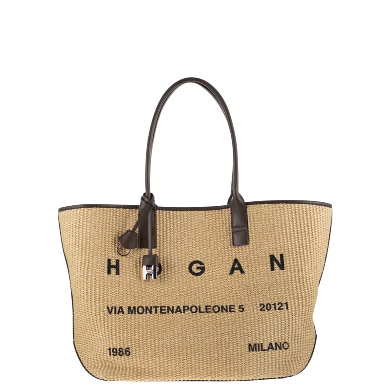 Hogan Tote Raffia Tote Bag With Leather Accents Brown