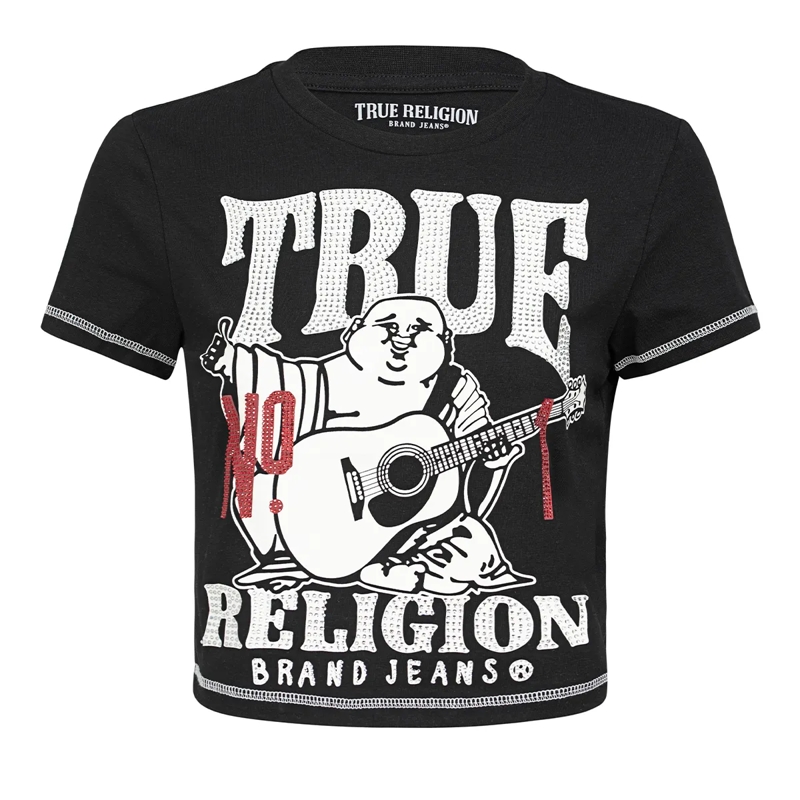 True Religion T-Shirt - Buddha-Print- Ziersteine auf Front- Kurzarm-  schwarz