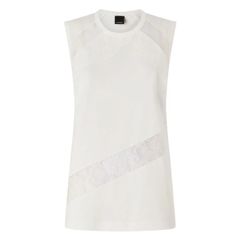 Pinko Chemisier Sleeveless White Cotton Top With Lace Inserts And  White