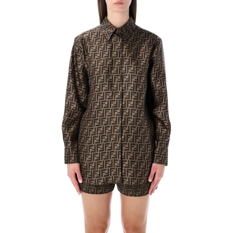 Fendi Overhemd Silk Jacquard Oversized Shirt With Ff Motif Brown