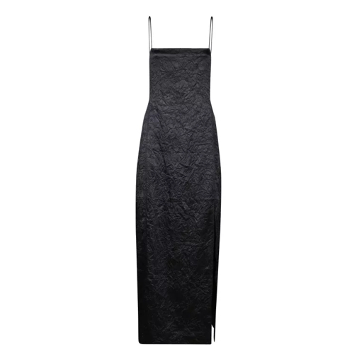 GANNI Midi-Length Crinkled Satin Dress With Thin Straps Black 
