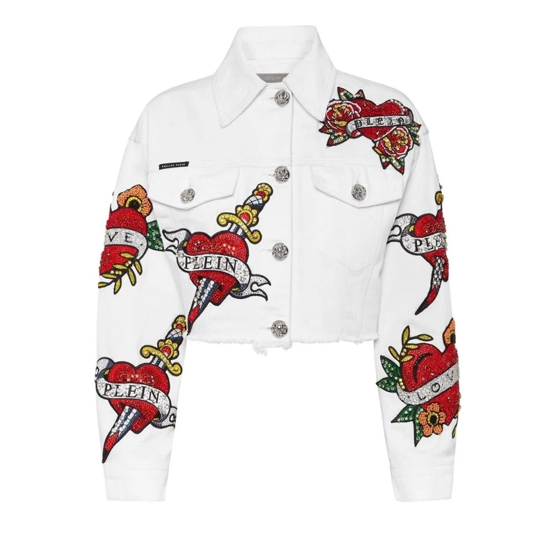 Philipp Plein Jeansjacke Jeansjacke Love Mit Schmucksteinen weiss