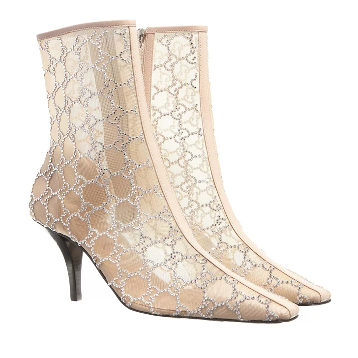 Gucci GG Mid Heel Boot Rose Beige GG Crystal Mesh Ankle Boot