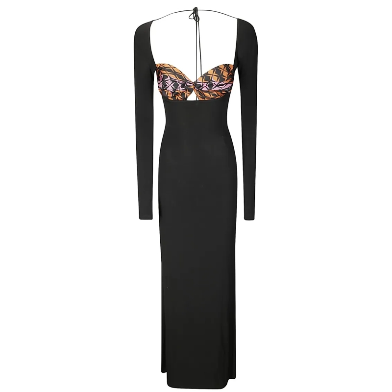 Marine Serre  Long Sleeve Viscose Dress With Contrast Bra Black