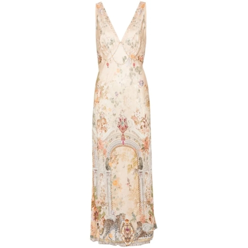 Camilla Ecru Patterned-Jacquard V-Neck Midi Dress Neutrals 