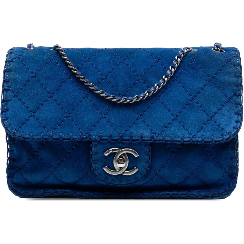 Chanel Schultertasche Medium Quilted Suede Whipstitch Single Flap blau