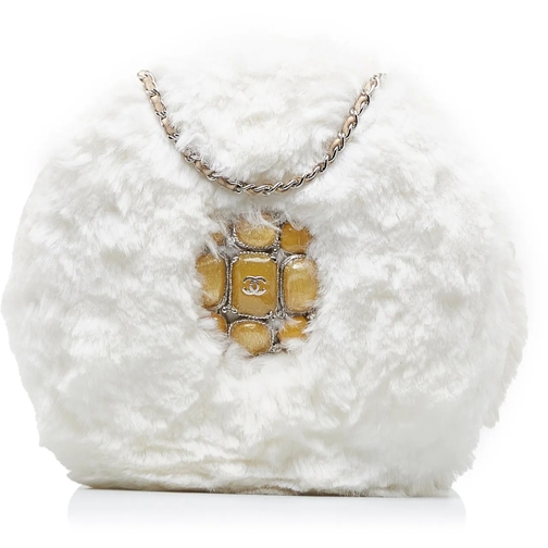 Chanel Sac à bandoulière 2010 CC Crystal Embellished Faux Fur Round Crossbo weiß