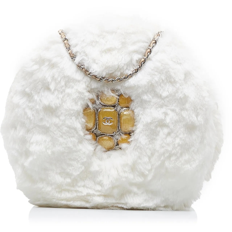 Chanel Sac à bandoulière CC Crystal Embellished Faux Fur Round Crossbody weiß
