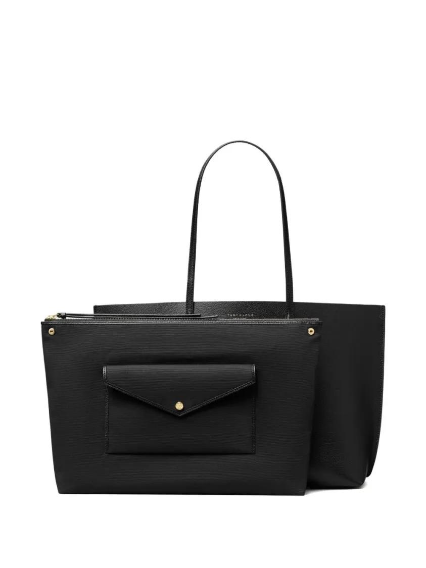 TORY BURCH Shoppers & Totes Embossed Logo Black Tote Bag in zwart