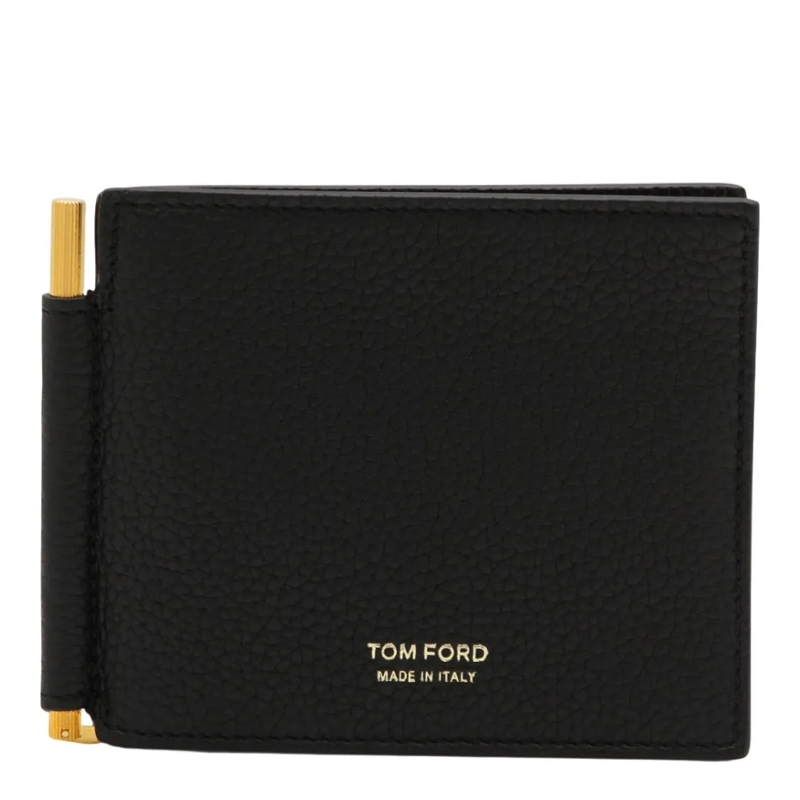 Tom Ford Portemonnee Textured Leather Wallet With Gold-Tone Clip Black