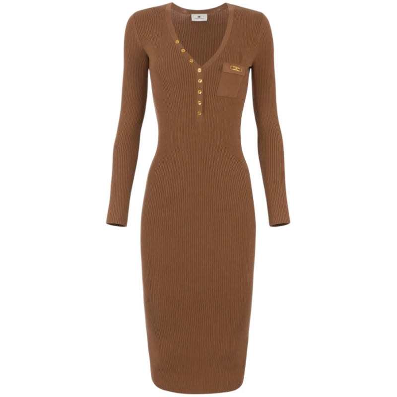 Elisabetta Franchi Robe midi Ribbed Knit Dress With Pocket Brown