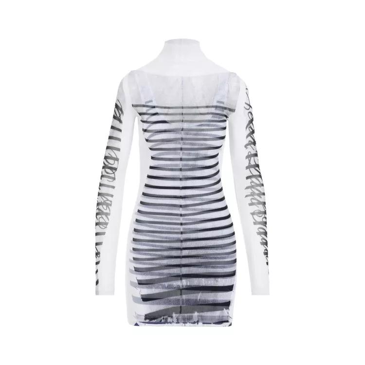 Jean Paul Gaultier - Spandex Mesh Printed Feathers Mariniere Mini Dress - Größe XS - white