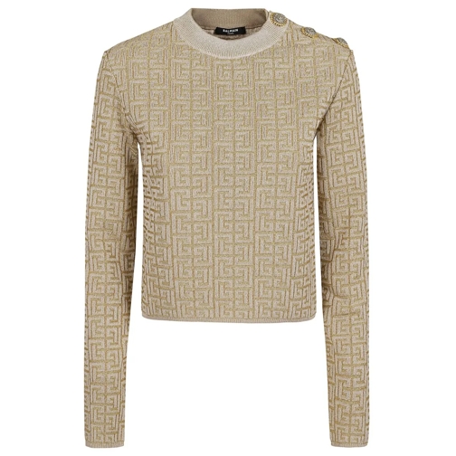 Balmain Pullover Ls Glittered Monogram Knit Top Neutrals