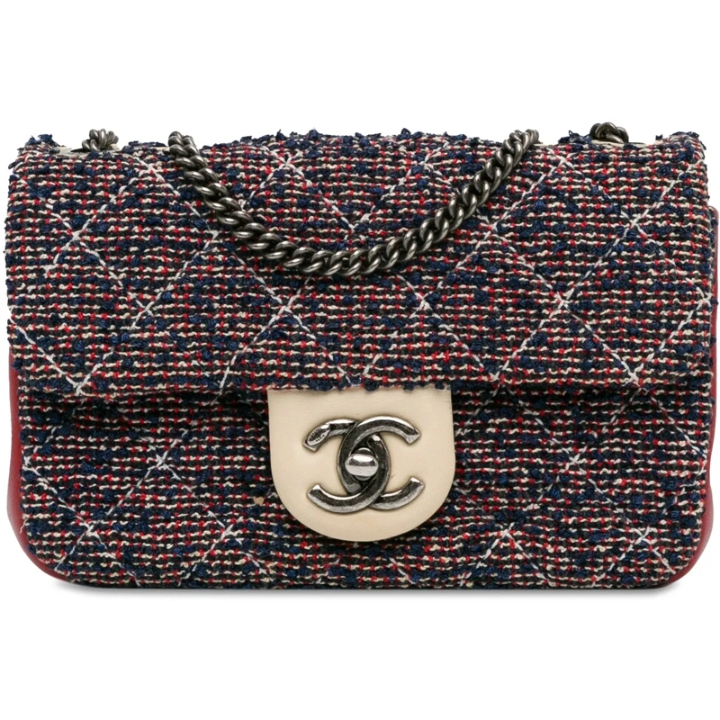 Chanel Sac à bandoulière CC Quilted Tweed Single Flap blau