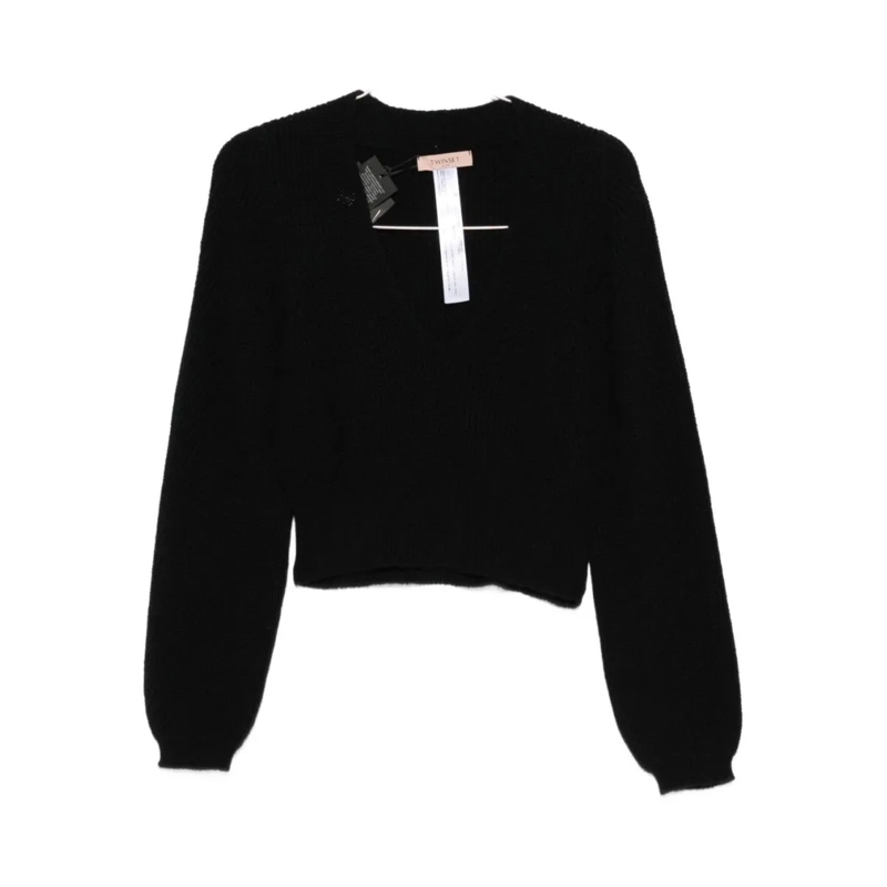 Twin-Set Pull Cropped Black Sweater With Deep V-Neckline Black