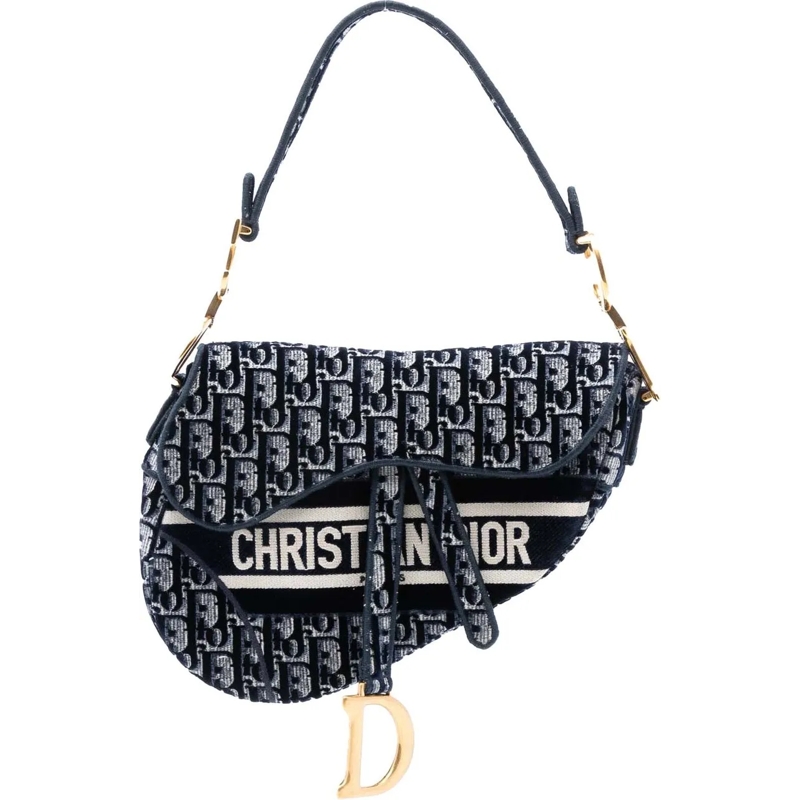 Christian Dior Schultertasche Oblique Embroidered Canvas Saddle Bag blau