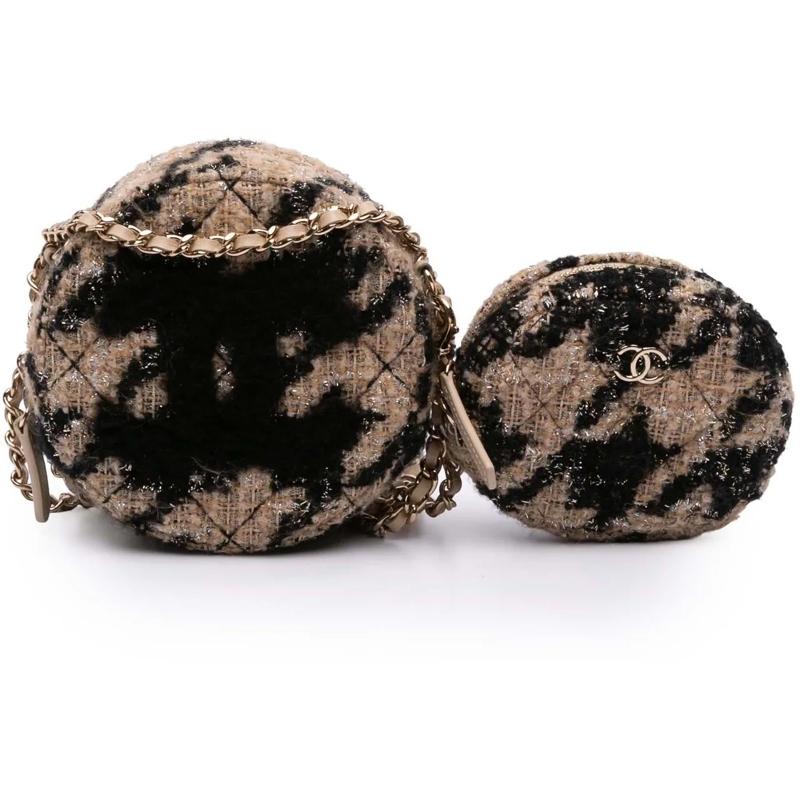 Chanel Sac à bandoulière CC Quilted Tweed and Shearling Round Clutch With C braun