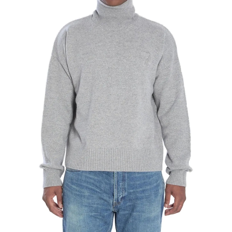 AMI Paris Pull Grey Turtleneck Sweater With Ribbed Detailing Grey