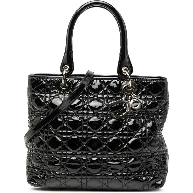 Christian Dior Schultertasche Medium Patent Cannage Lady Dior Soft Shopping Tote schwarz