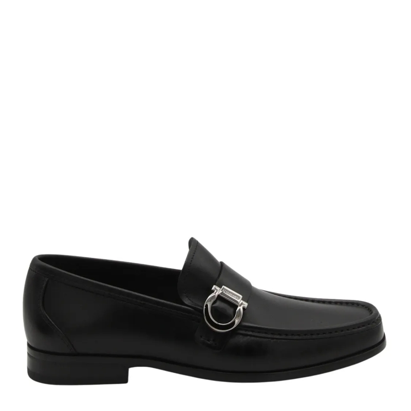 Salvatore Ferragamo Mocassin Black Leather Loafers With Silver Buckle Detail Black